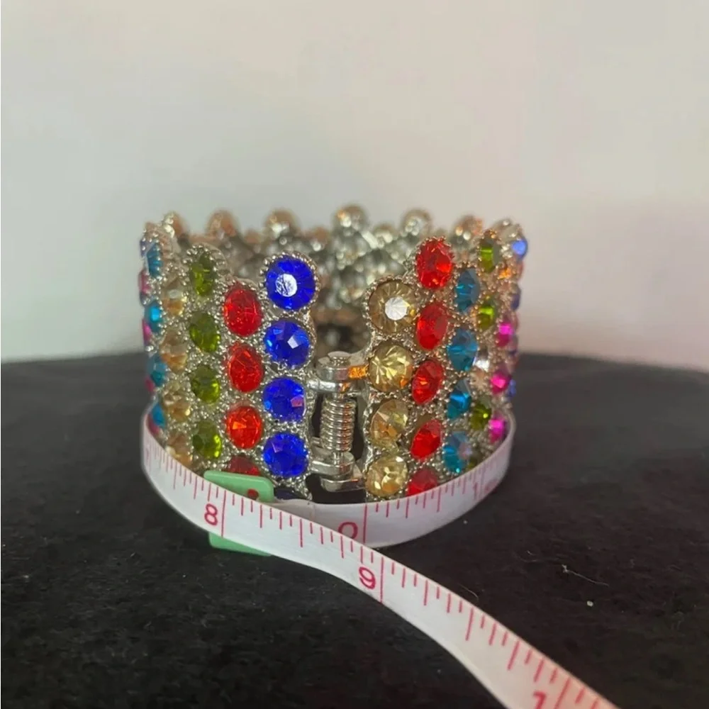 Wide Spring-Hinged Rhinestone Bangle Bracelet Muliti-Color Bling Colorful